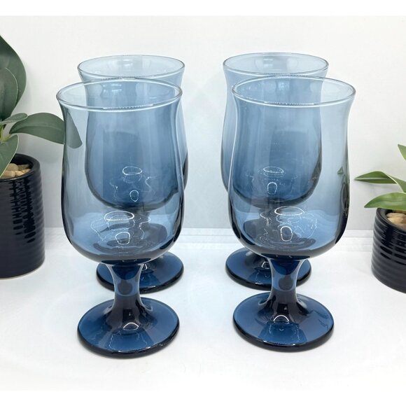 Vintage Set of 4 Libbey Dusky Blue Water Glasses Stemware Goblets Tulip Shaped - Picture 4 of 12